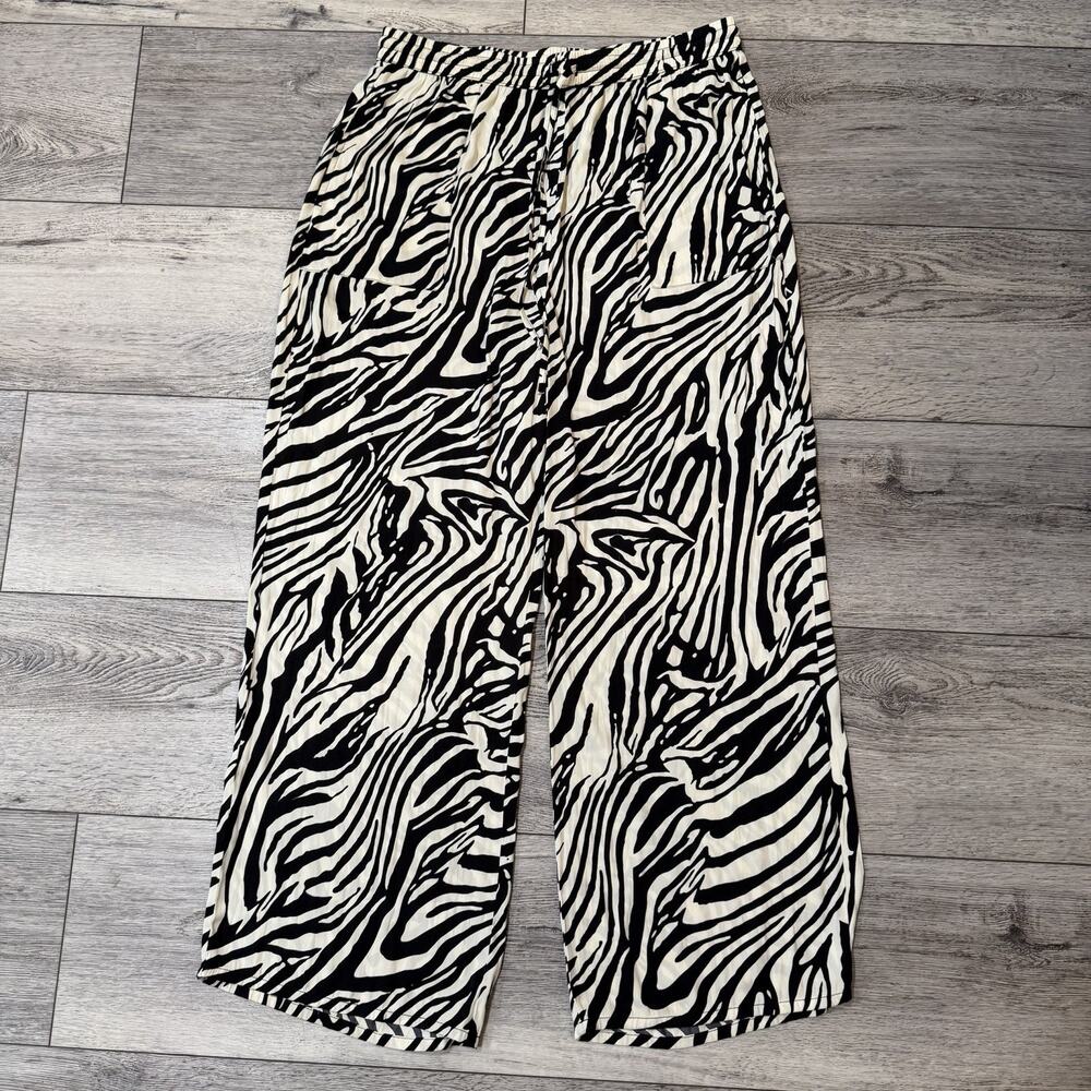 JOIE Silky Animal Zebra Print Elastic Waist Pull On Wide Leg Pants Satin Large L